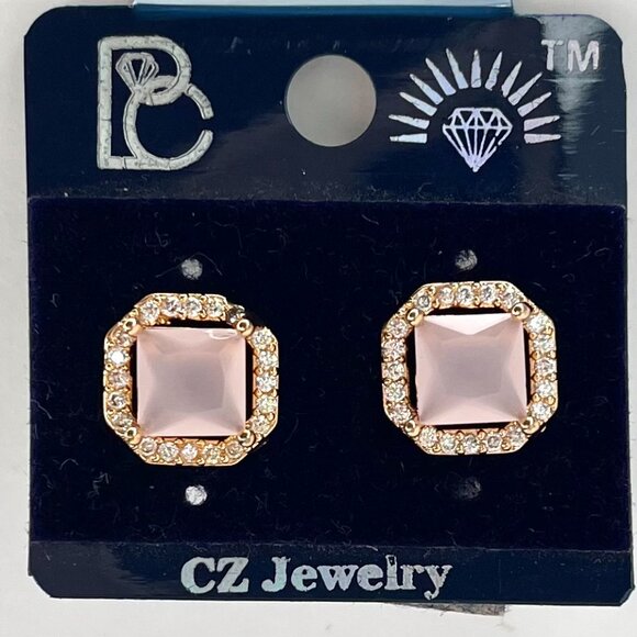 Chic Pink Halo Stud Earrings – Square-Cut Center Stone, Gold-Tone Setting - Picture 2 of 6